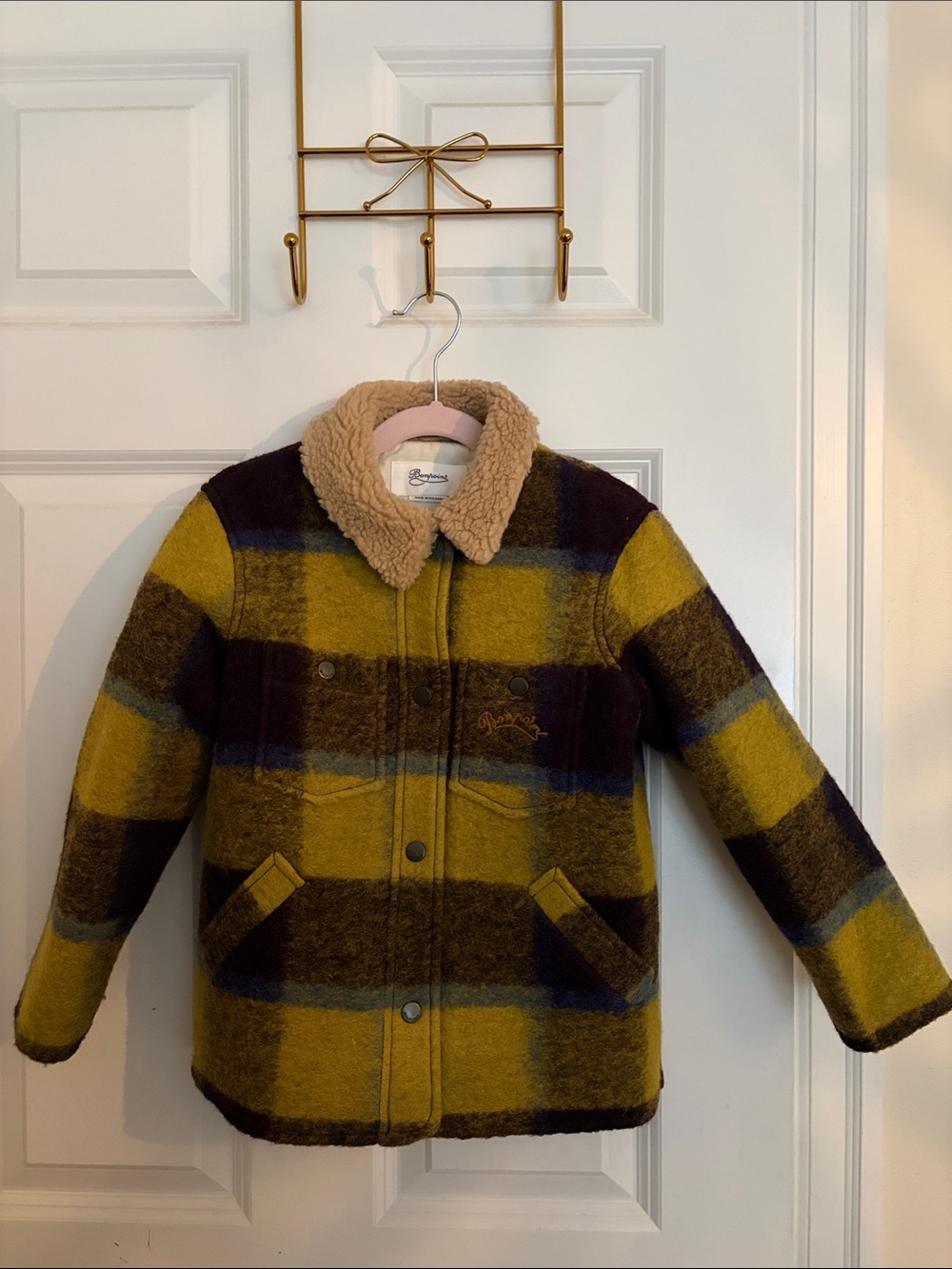 Bonpoint Kids Plaid Sherpa Collar wool Jacket - Yellow/Brown